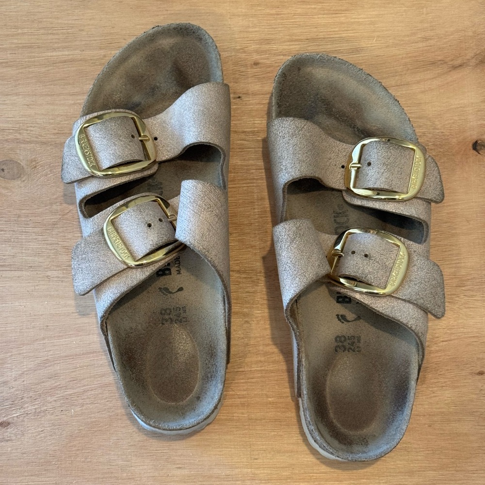 Birkenstock Arizona Big Buckle Washed Metallic Rose Gold Leather Size 38